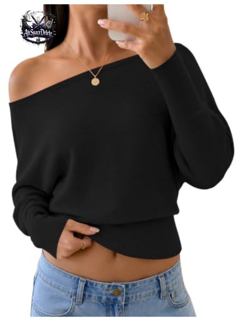 Off the Shoulder Knit Sweater Batwing Sleeve Pullover